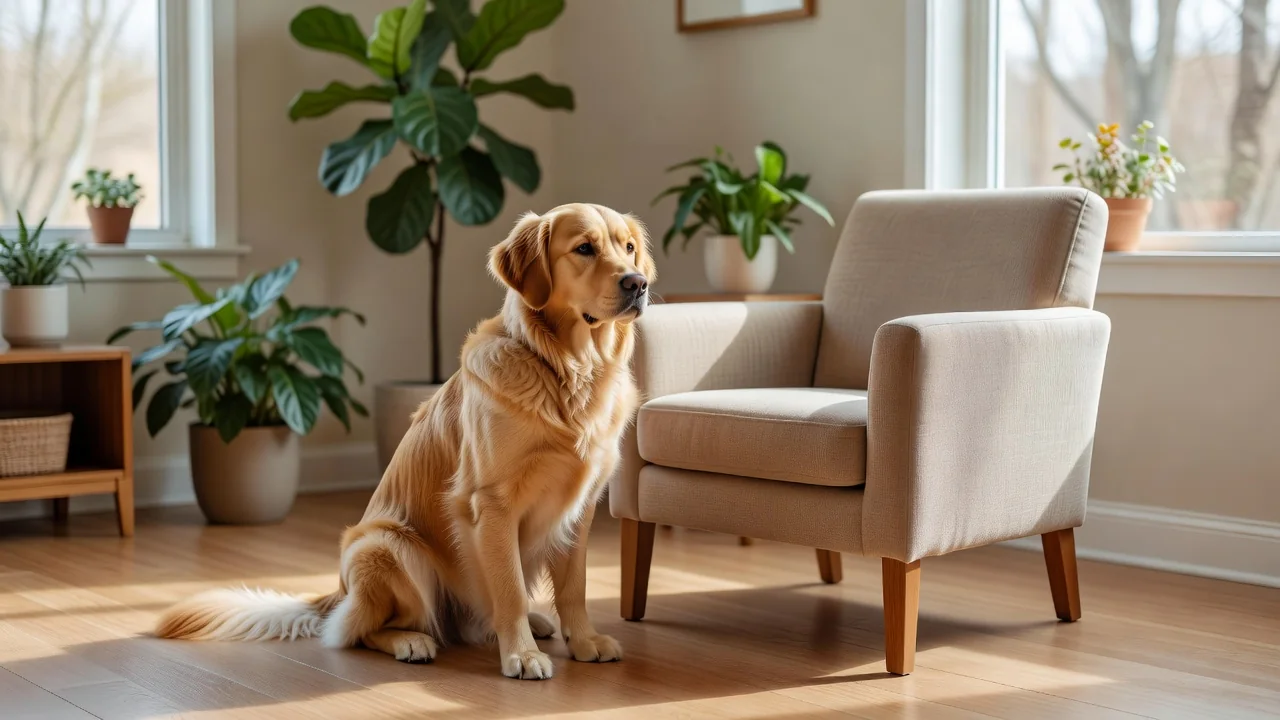 A therapy dog sitting beside a visitor chair in a bright quiet dayroom with plants