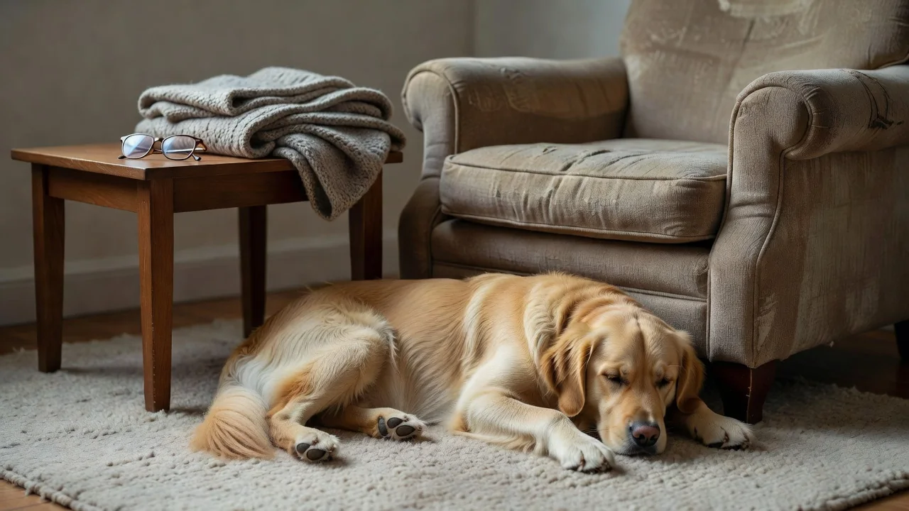 A dog lying beside an armchair with a folded newspaper and reading glasses on the side table