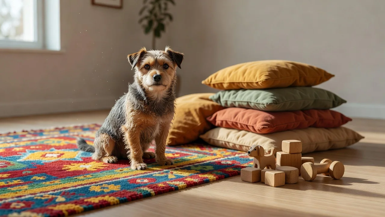 A small dog sitting on a colourful rug next to a stack of picture books in a bright room