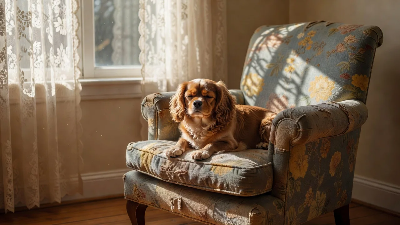 A small calm dog sitting on the arm of an upholstered chair near a sunny window with lace curtains