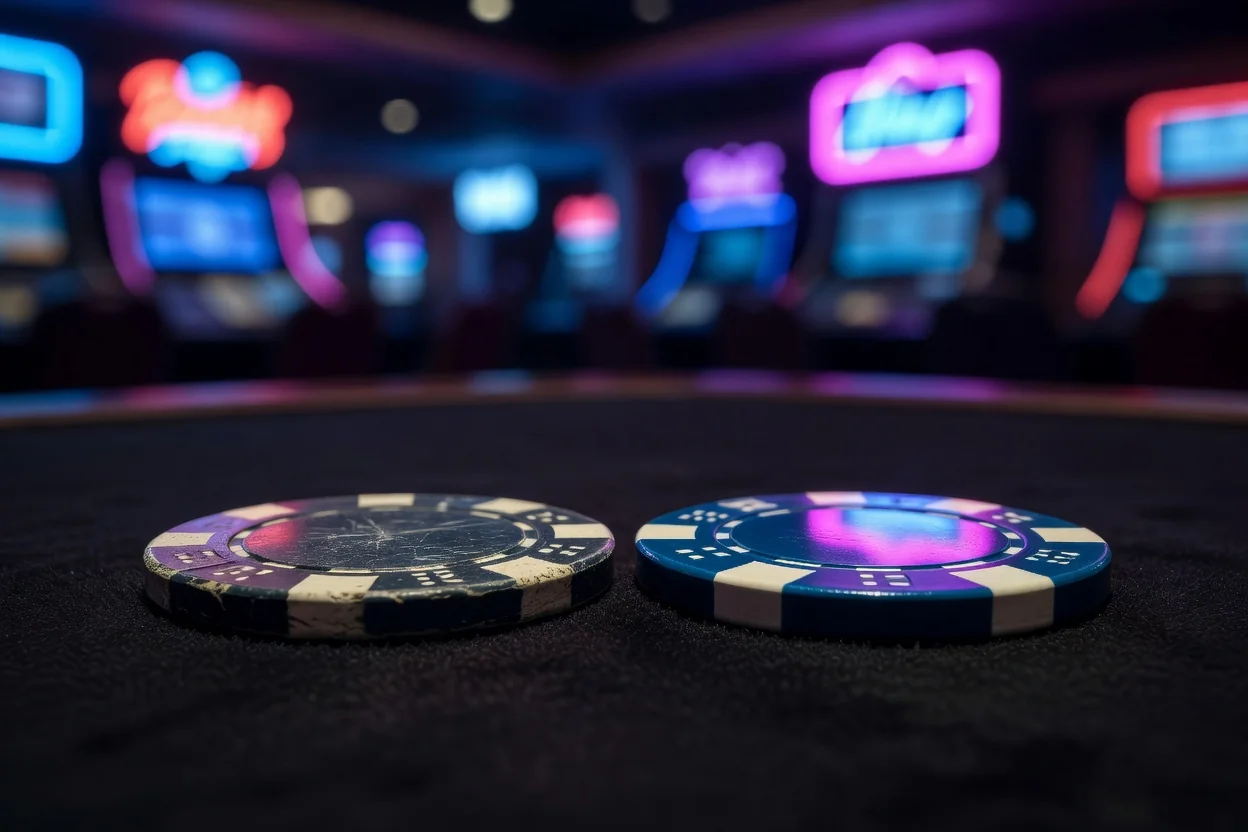 A hand hovering over the bet buttons of a three-reel slot with cherry and bar symbols