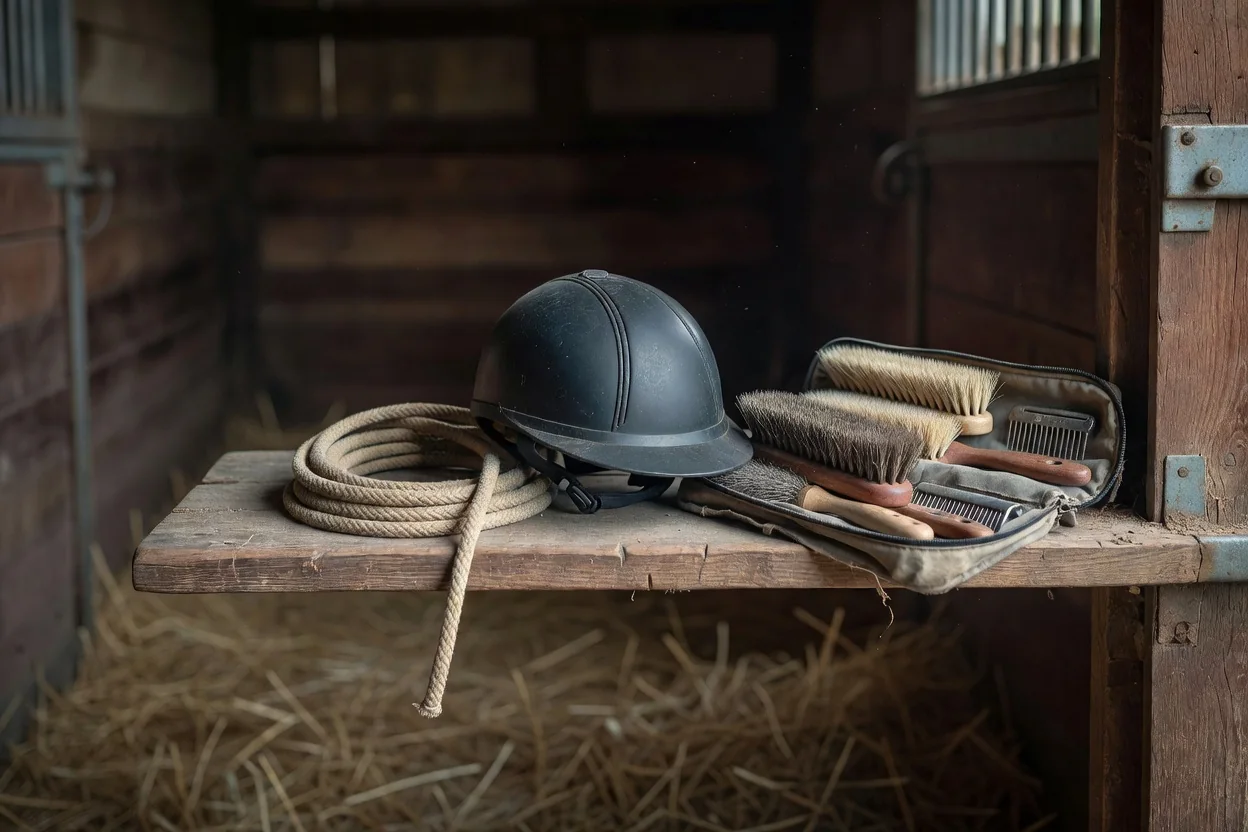 A helmet and a coiled lead rope hanging on a wooden stable door beside a grooming kit