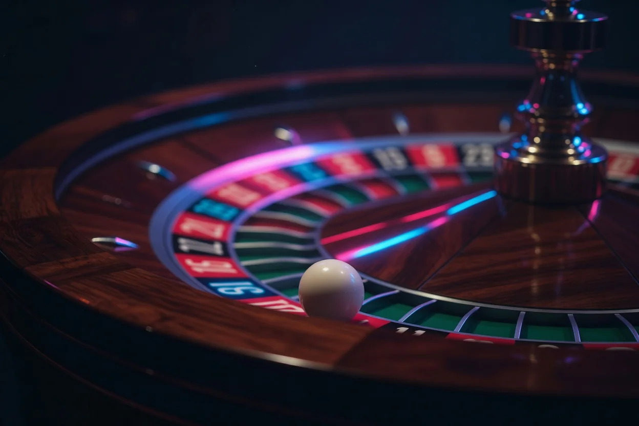 A croupier's hand placing chips on a roulette layout beside the wheel