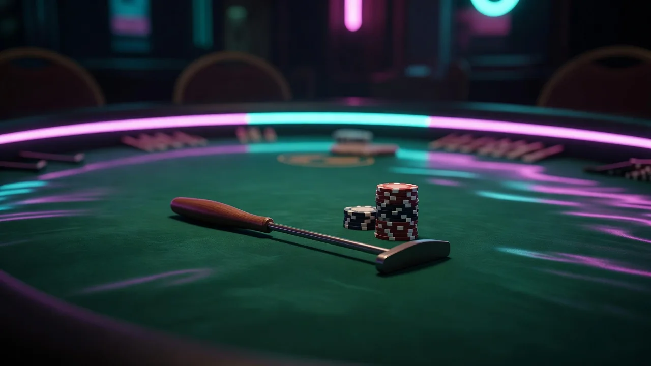 A croupier marking an even-money bet with a marker while the wheel spins