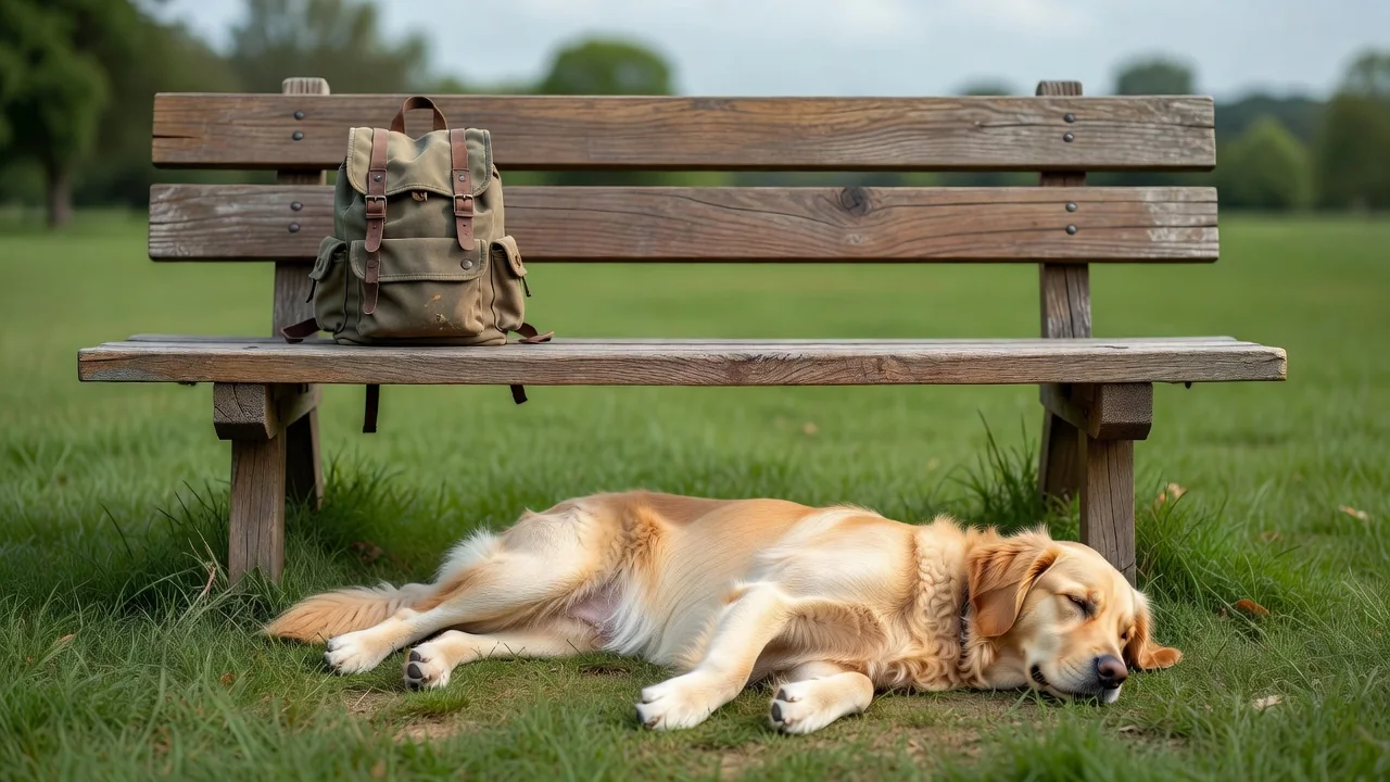A relaxed dog sitting beside a person's hand resting palm-up on a bench, no faces visible