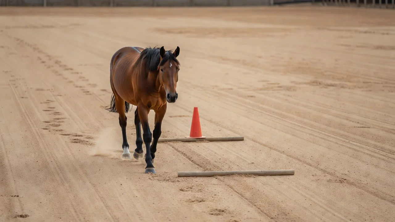 A horse following a lead rope across an empty sand arena toward a cone and a pole on the ground