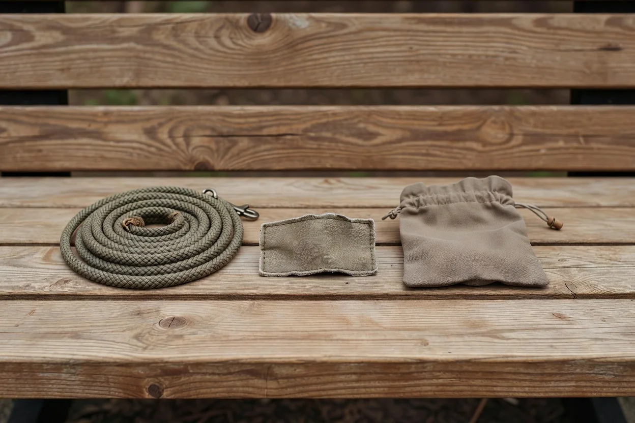 A coiled leash, a volunteer badge and a small treat pouch arranged on a wooden bench