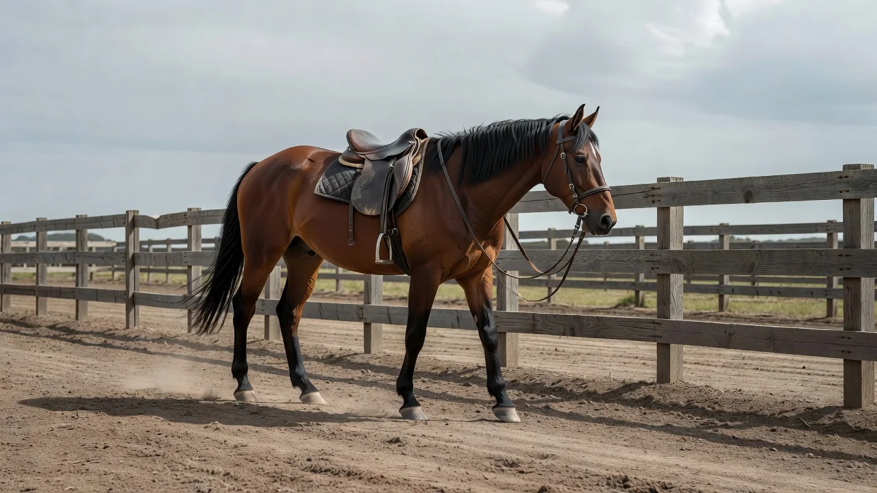 A saddled therapy horse being led along a fenced arena track, no riders present