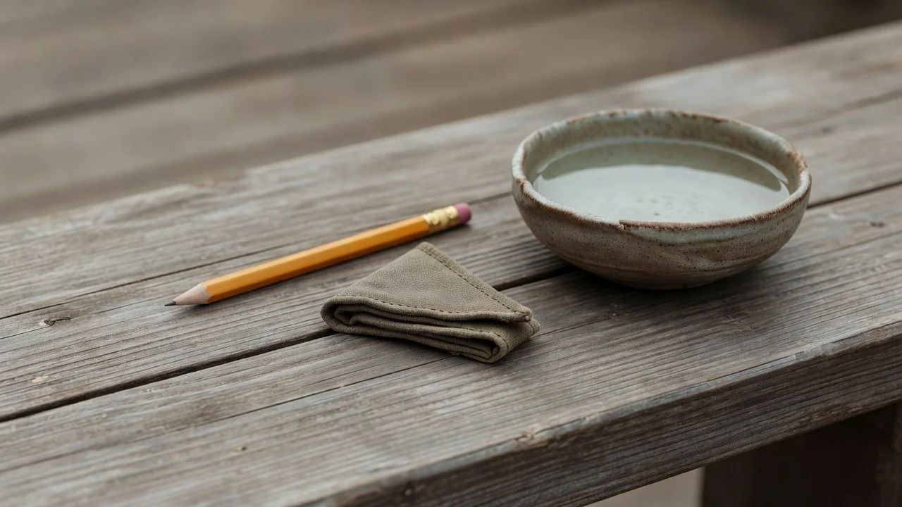 A clipboard with session notes and a pencil lying beside a water bowl on a bench