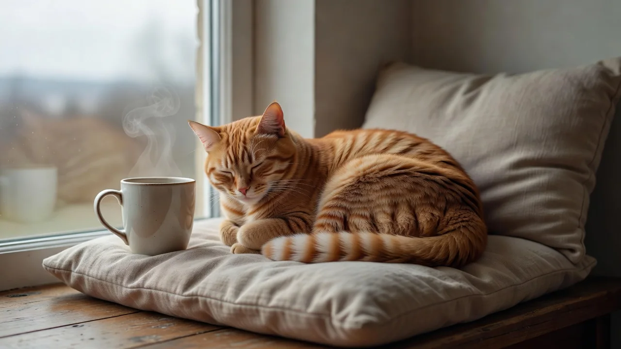 A cat curled asleep on a cushioned window seat beside a steaming mug and an open journal