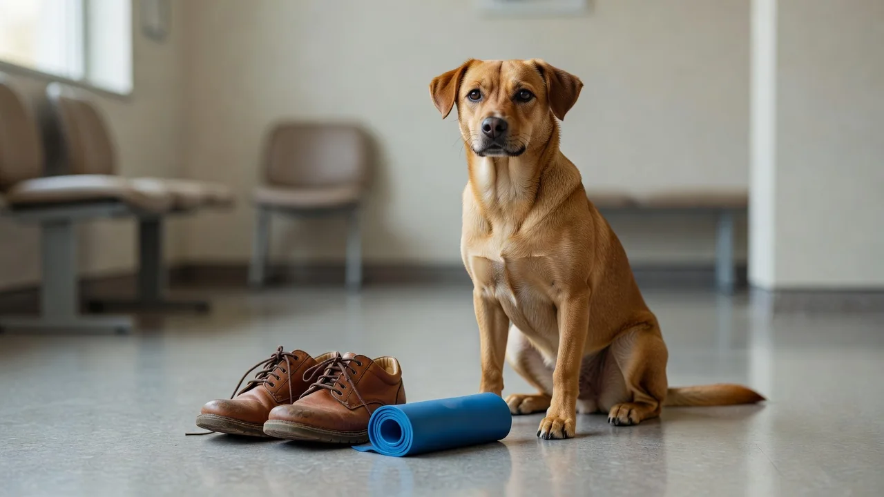 A dog sitting beside a pair of walking shoes and a rolled exercise band on a clinic floor