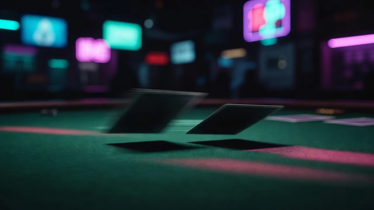 Five community cards laid in a row on a poker table with chips beside them