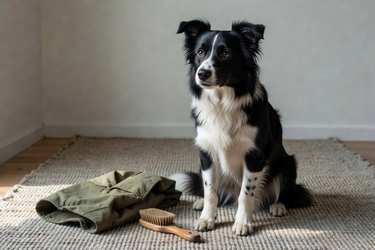 A dog sitting attentively beside a folded evaluation vest and a brush on a mat