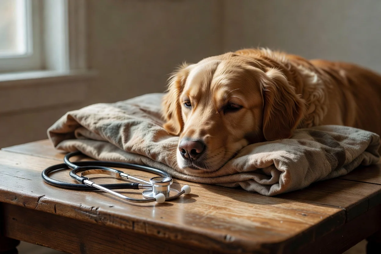 A dog resting its head on a folded blanket next to an open notebook and a stethoscope on a wooden table