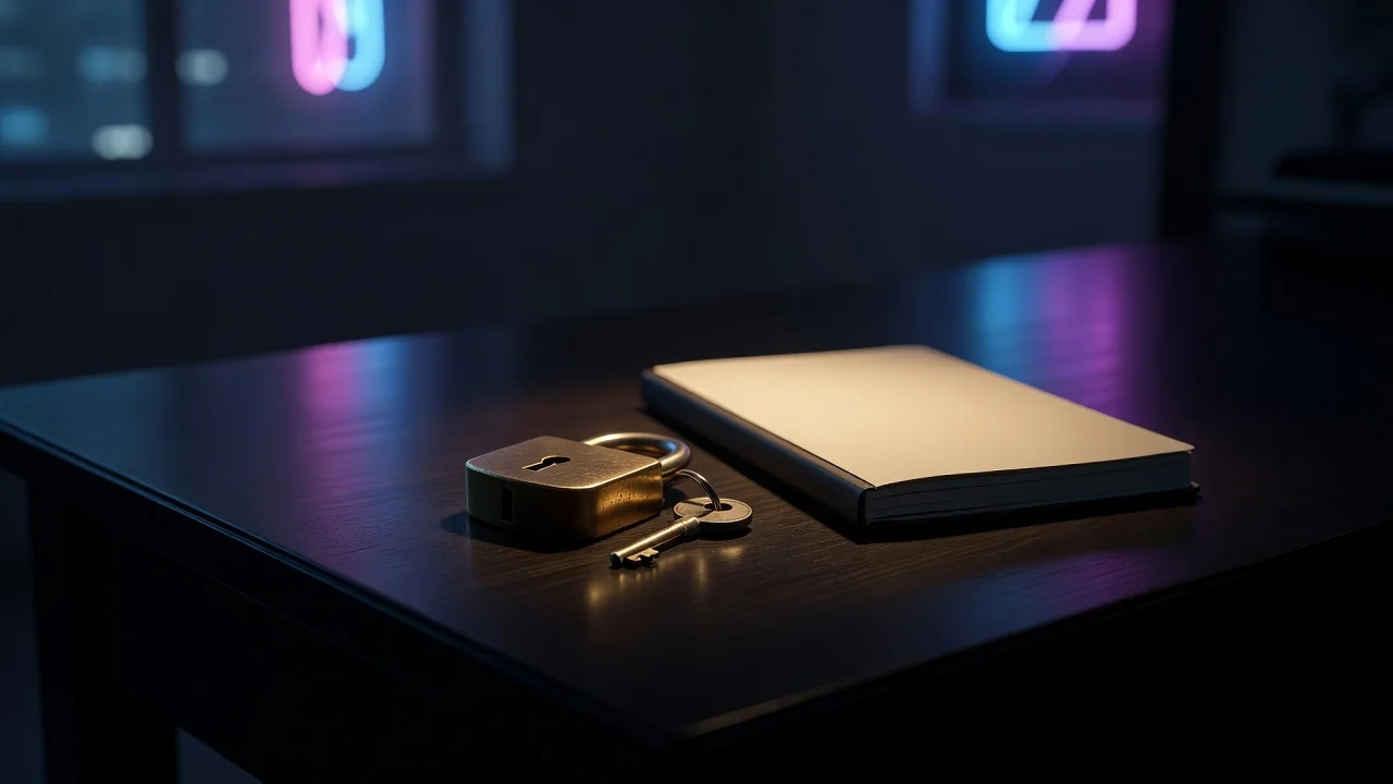 A small padlock resting on a deck of playing cards on a wooden table