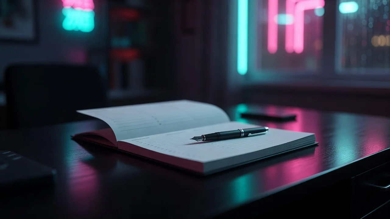 A paper notebook with a handwritten monthly entertainment budget next to a pen and a closed laptop
