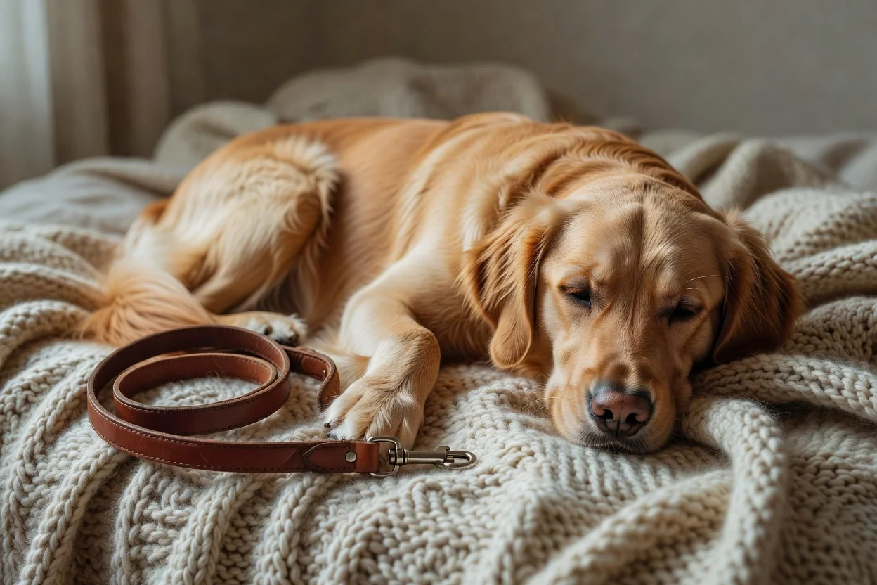 A therapy dog showing signs of fatigue during a visit