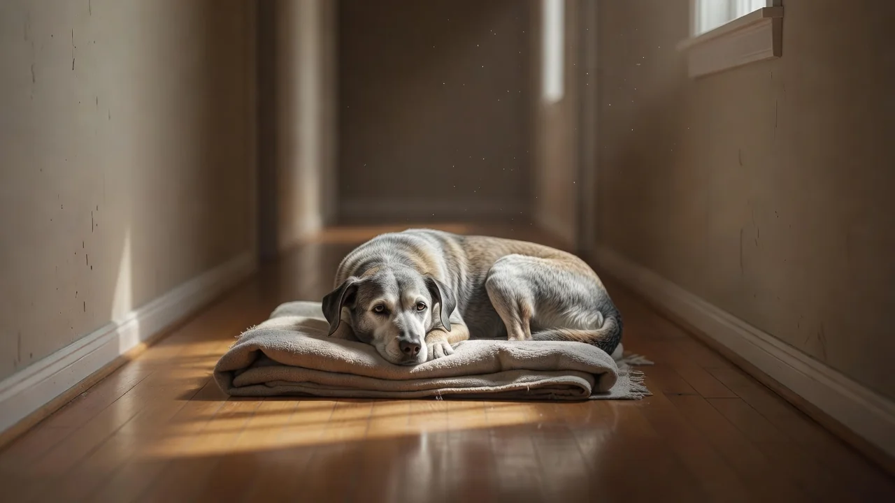 A senior dog resting on a folded blanket in a quiet sunlit hallway