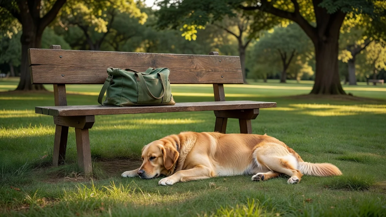 A dog practicing a relaxed down-stay beside a wooden bench and a canvas training bag