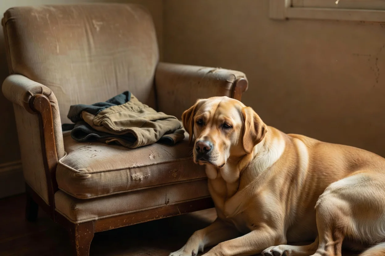 A calm Labrador resting its head beside an empty armchair and a folded therapy vest