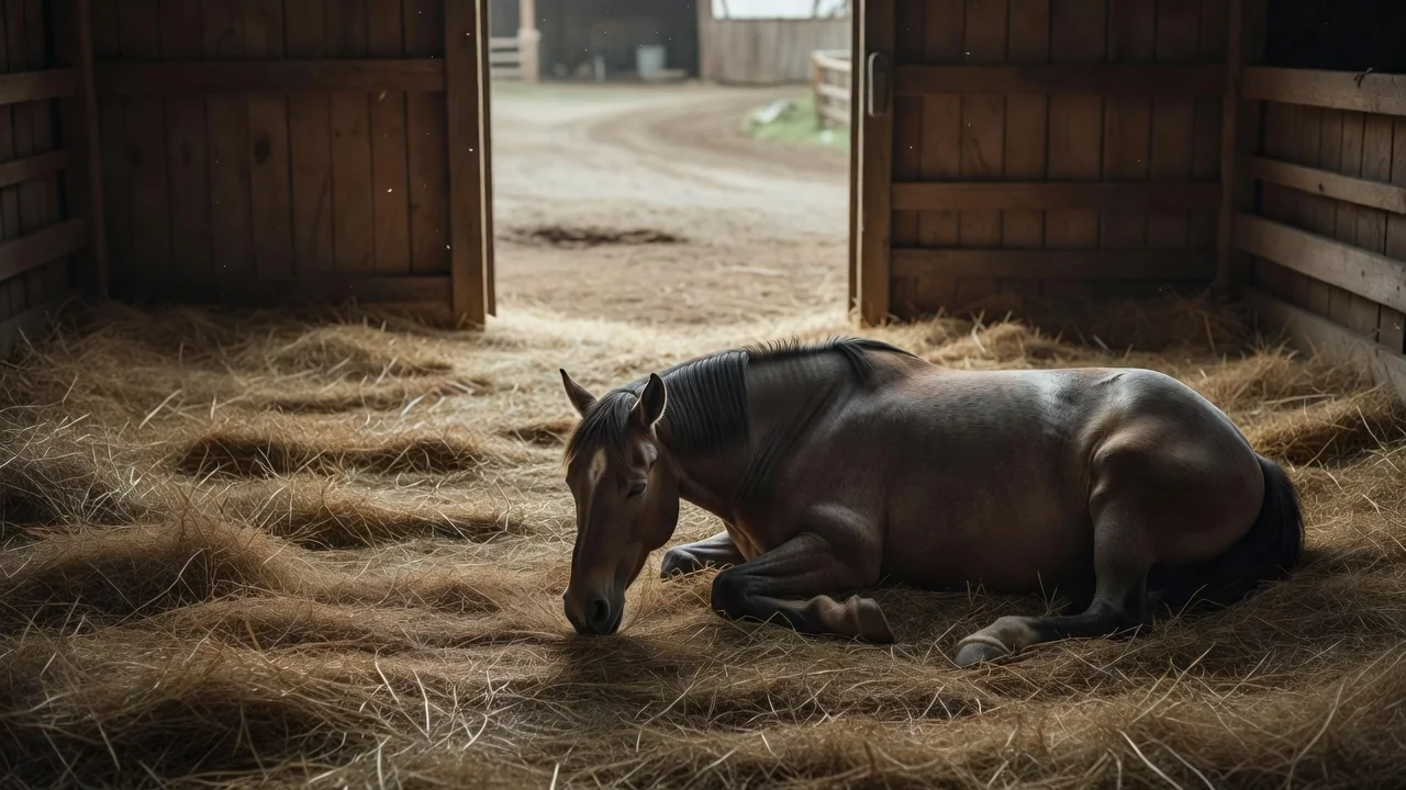 A horse dozing in a straw-bedded stall with the door open to a quiet yard
