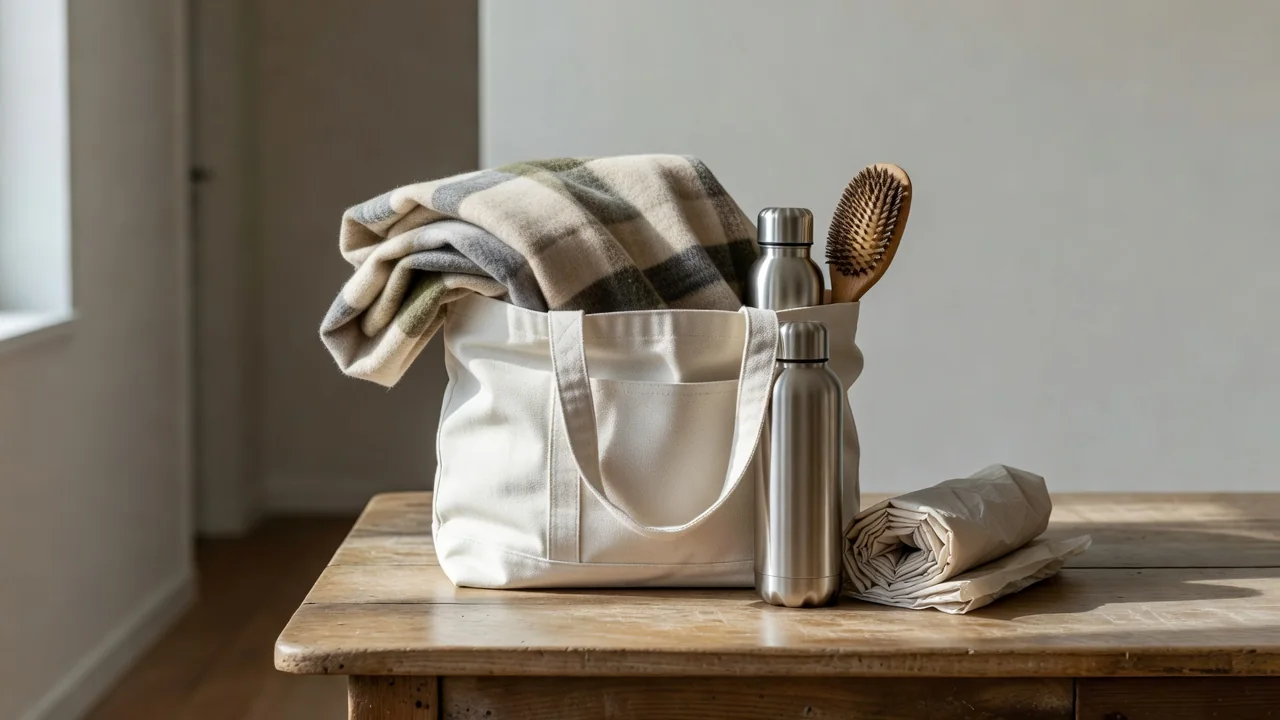 A tote bag with a folded blanket, water bottle, brush and waste bags packed on a hallway table