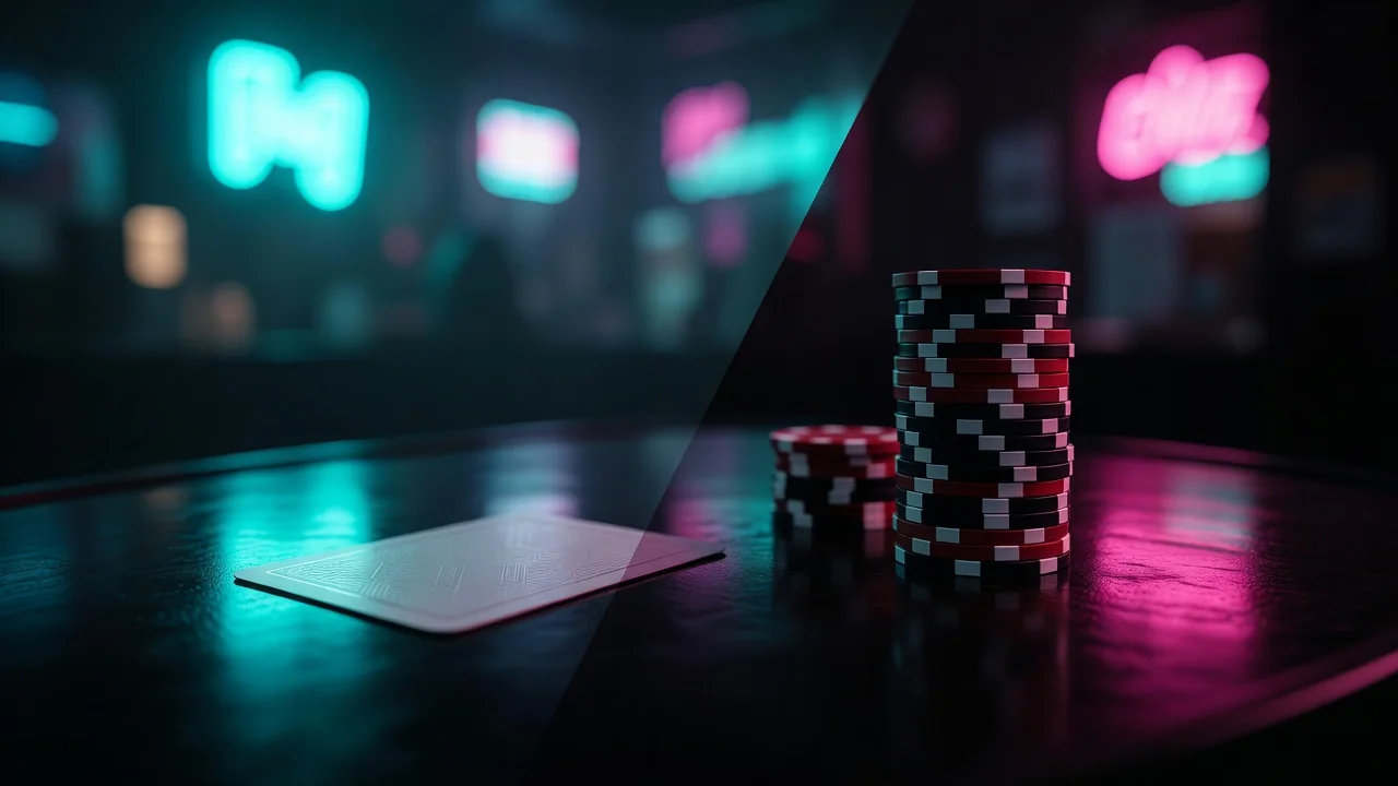 A poker table with players' hands, chips and community cards under warm light