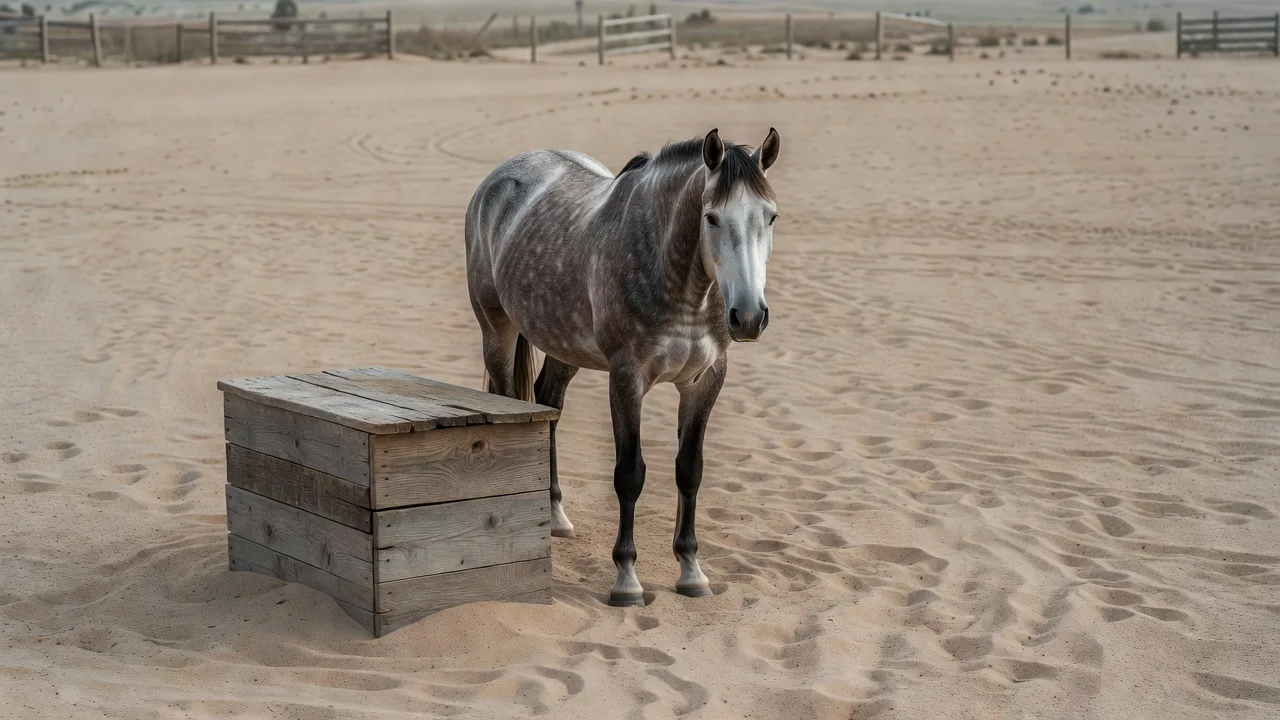 A calm therapy horse standing in a sand paddock next to a wooden mounting block