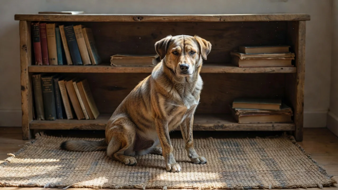 A gentle mixed-breed dog sitting calmly on a woven mat near a bookshelf