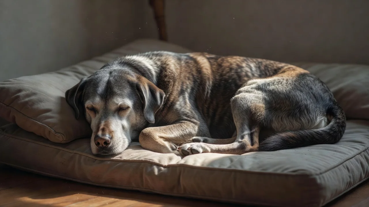 An old grey-muzzled dog sleeping on a cushioned bed in a patch of sunlight