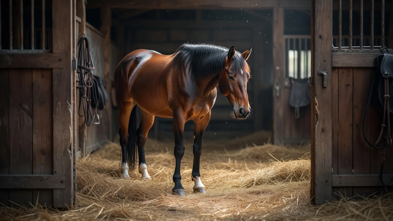 A horse standing quietly in a stable doorway with ears turned forward, soft light on straw